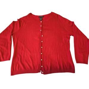 Sz 16/18W APOSTROPHE Red Fine Knit Pearl-Button Round-Neck Long-sleeve Cardigan